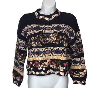 Jennifer Reed hand knitted navy & floral boxy sweater size small petite